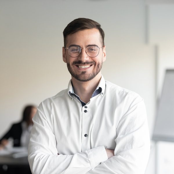 Confident,Smiling,Business,Man,Professional,Coach,Wear,Glasses,Stand,Arms