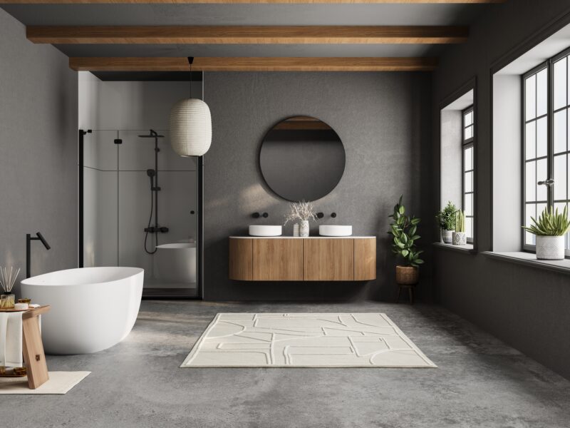 Modern,Bathroom,With,A,Large,Mirror,And,A,Bathtub.,The